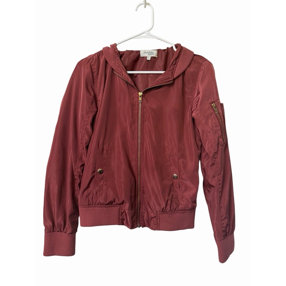Charlotte Russe XS Burgundy Bomber Jacket Zip Front Lightweight Utility Moto